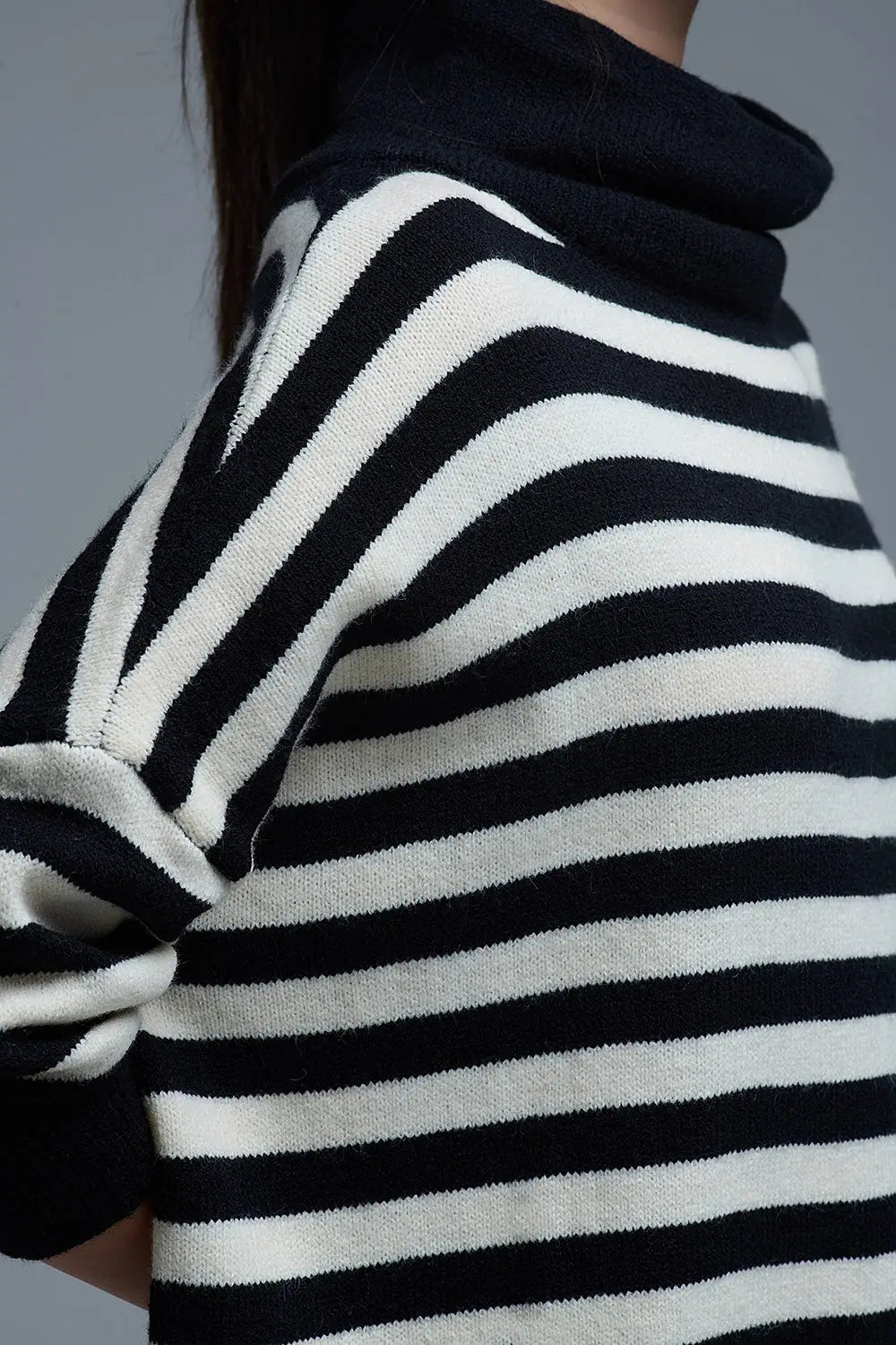 High Neck Oversized Sweater With Bat Wings and Stripes in black and white - One Size / Black - Sweaters