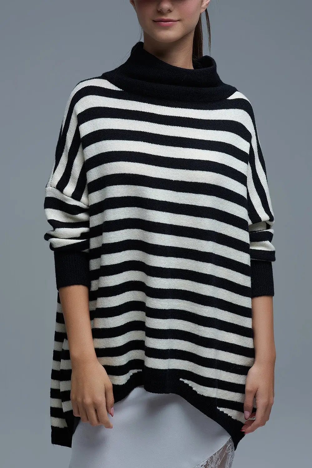 High Neck Oversized Sweater With Bat Wings and Stripes in black and white - One Size / Black - Sweaters