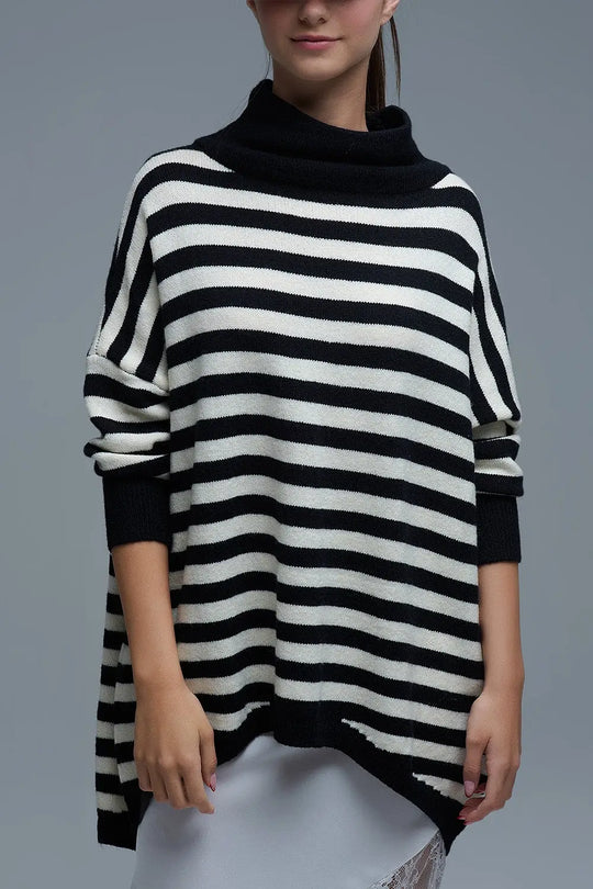 High Neck Oversized Sweater With Bat Wings and Stripes in black and white - One Size / Black - Sweaters
