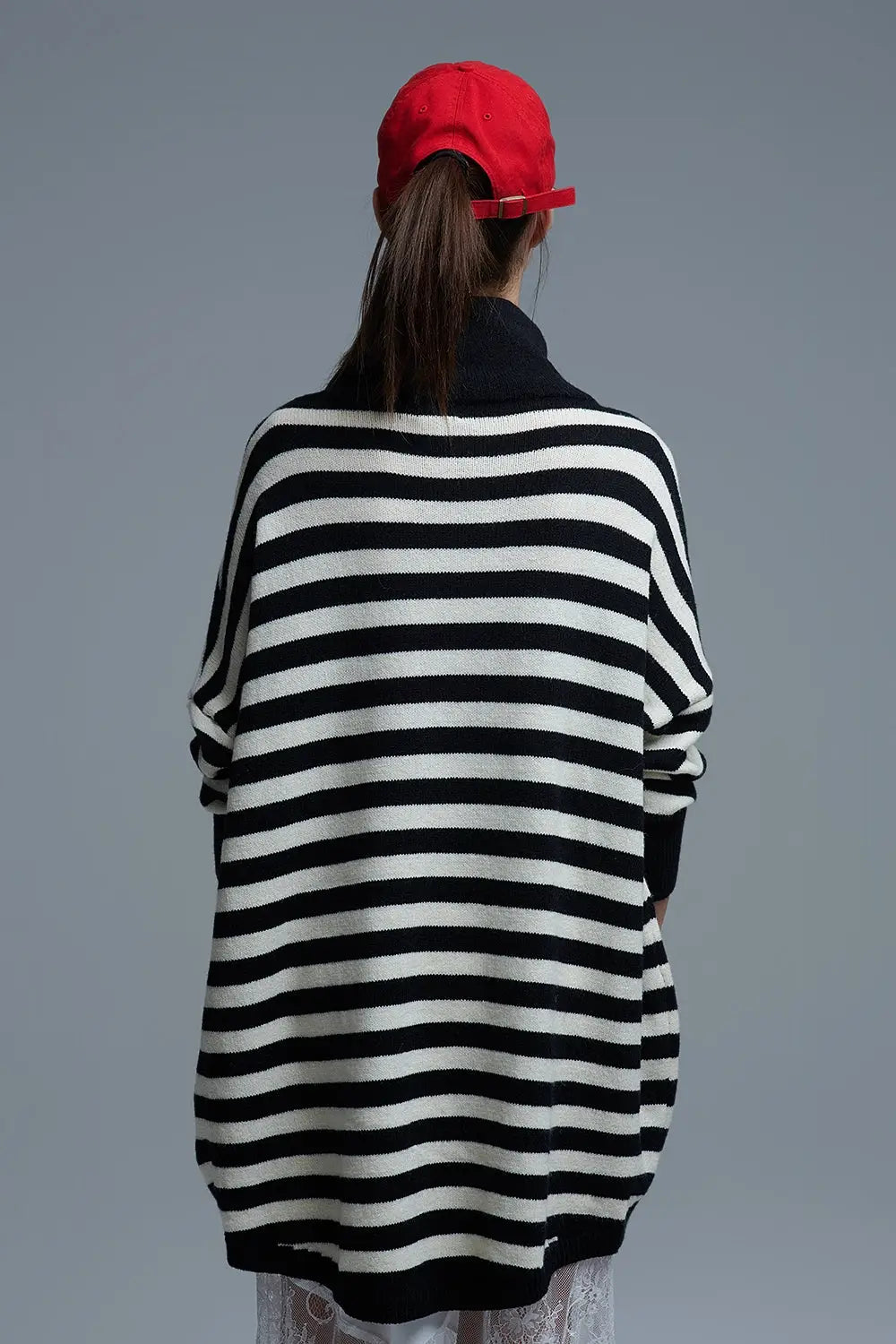 High Neck Oversized Sweater With Bat Wings and Stripes in black and white - One Size / Black - Sweaters