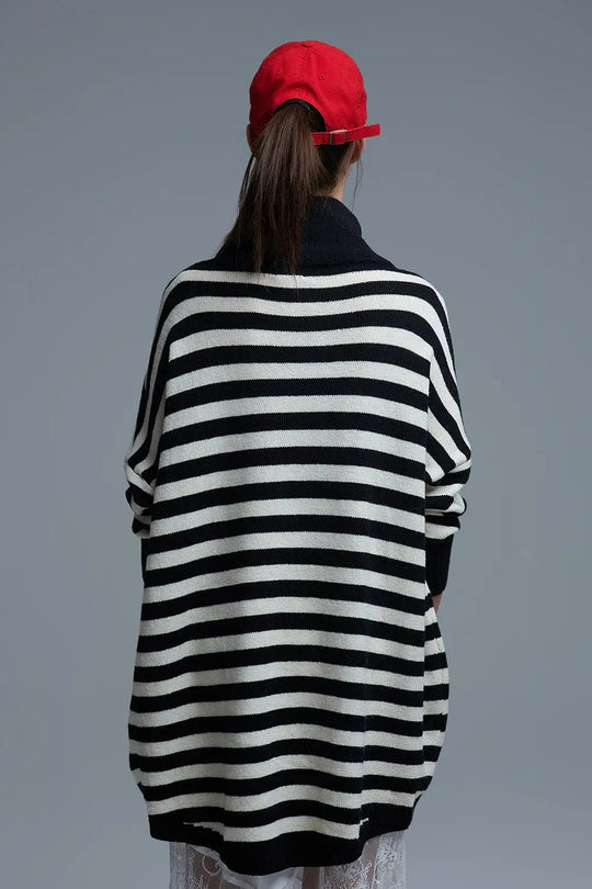 High Neck Oversized Sweater With Bat Wings and Stripes in black and white - One Size / Black - Sweaters
