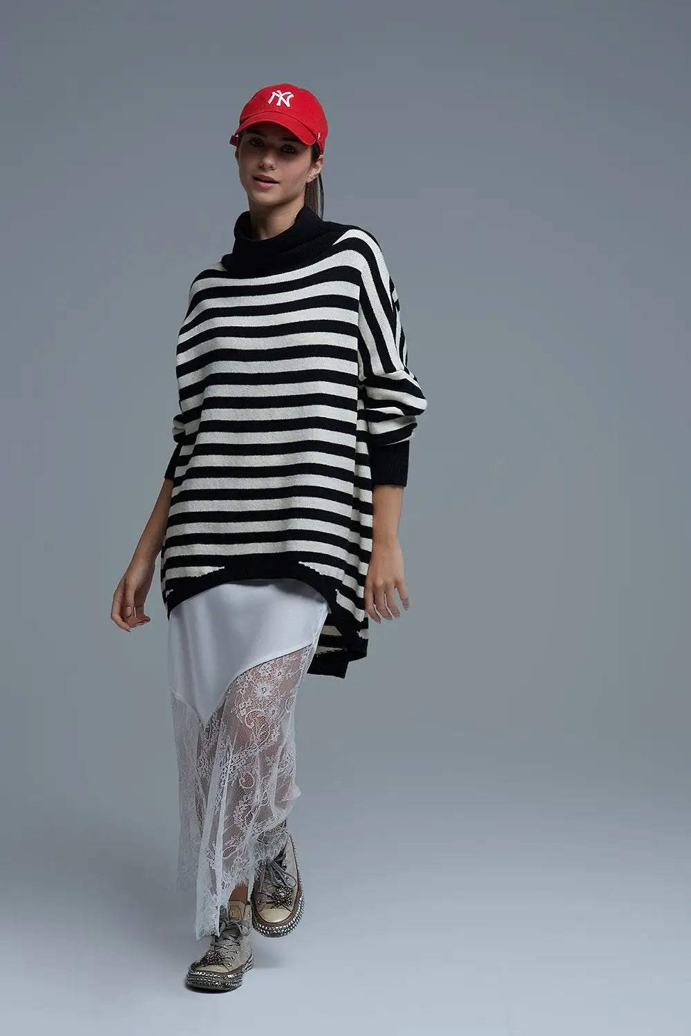High Neck Oversized Sweater With Bat Wings and Stripes in black and white - One Size / Black - Sweaters