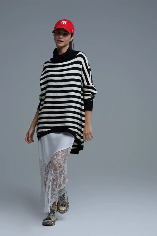 High Neck Oversized Sweater With Bat Wings and Stripes in black and white - One Size / Black - Sweaters