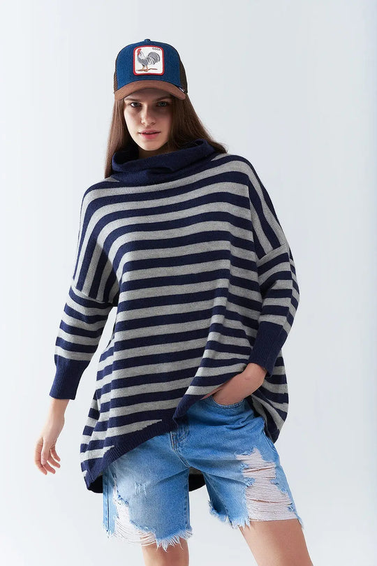 High Neck Oversized Sweater With Bat Wings and Stripes in navy and grey - One Size / Blue - Sweaters