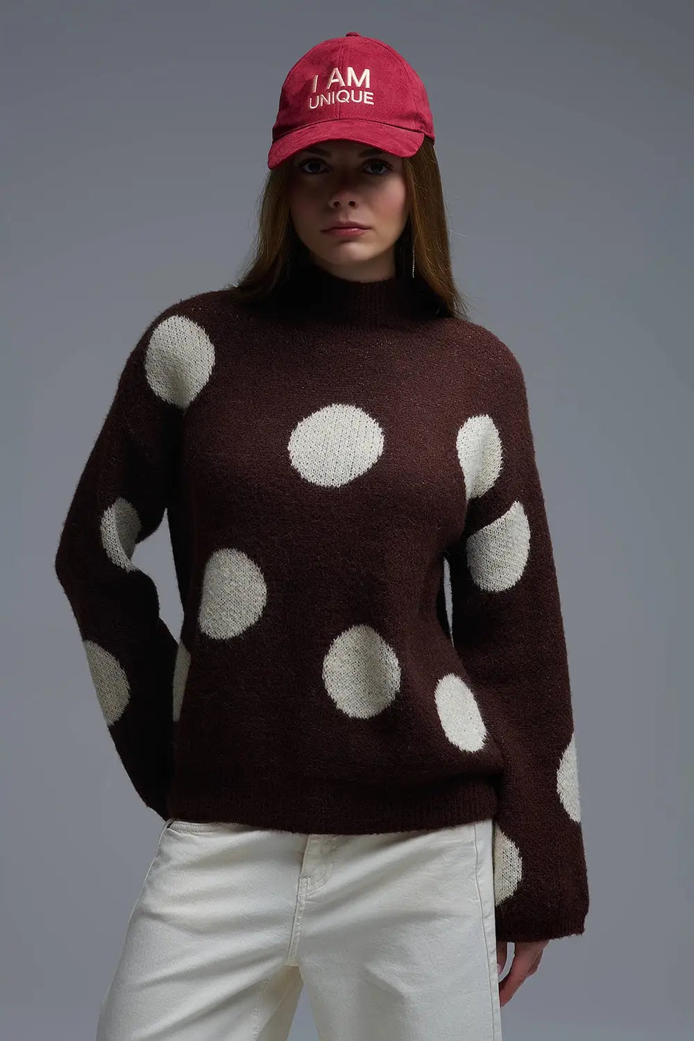 Q2 High-Neck Polka Dot Sweater With Bell Sleeves in Brown