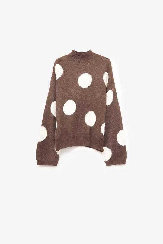 High-Neck Polka Dot Sweater With Bell Sleeves in Brown - One Size / Brown - Sweaters