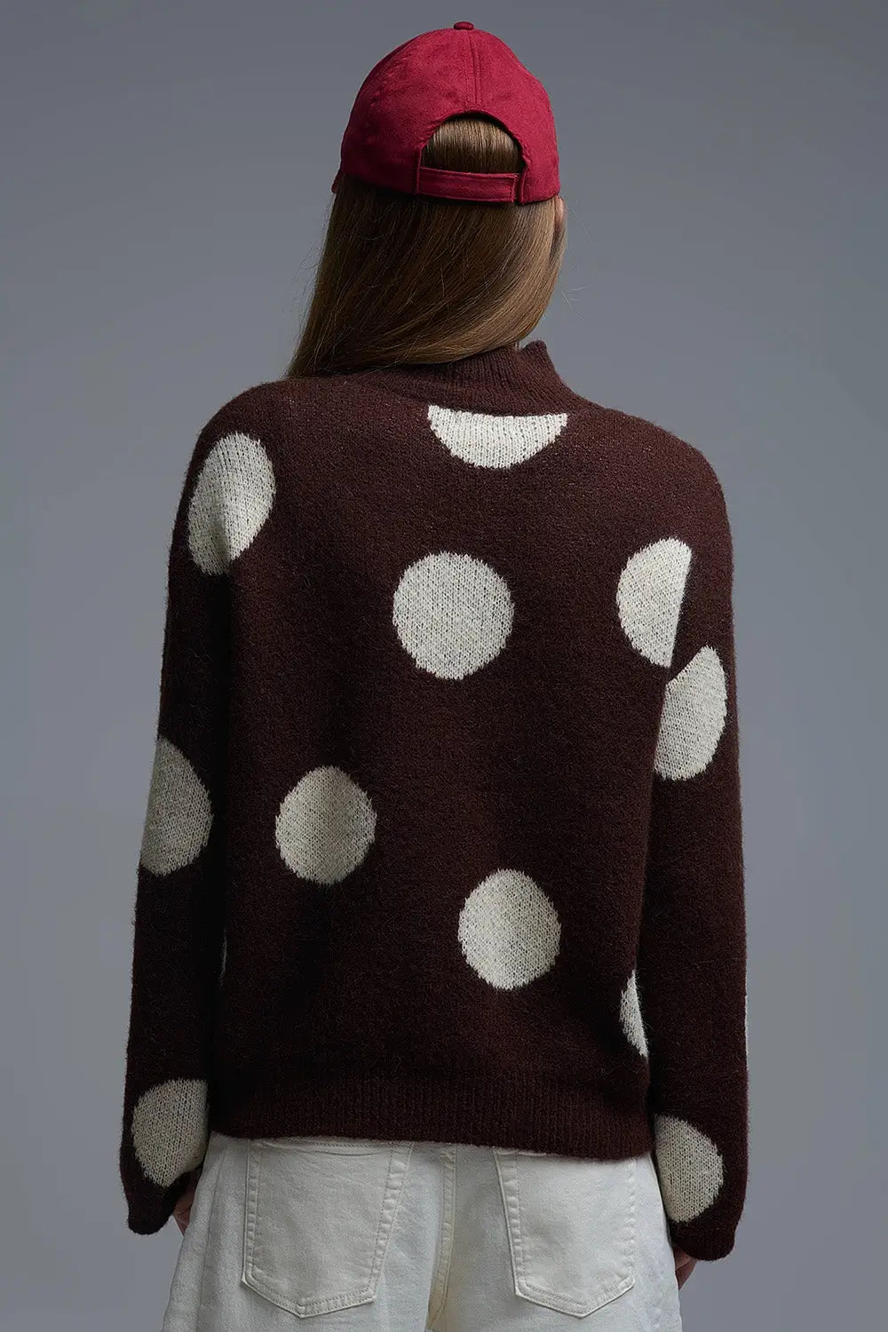 High-Neck Polka Dot Sweater With Bell Sleeves in Brown - One Size / Brown - Sweaters