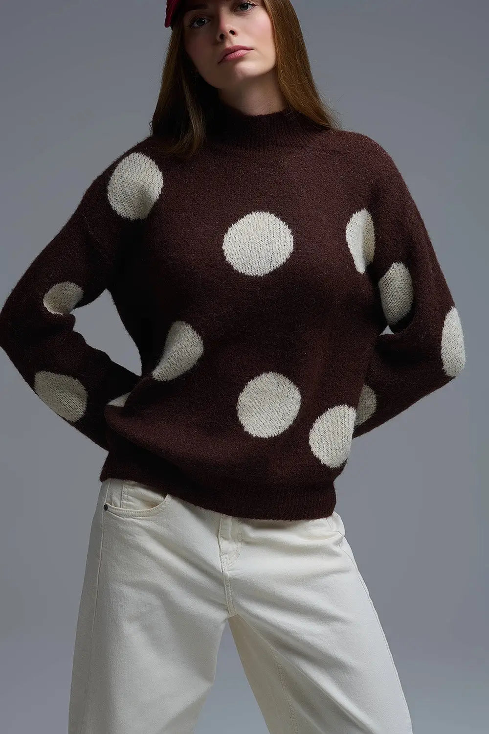 High-Neck Polka Dot Sweater With Bell Sleeves in Brown - One Size / Brown - Sweaters