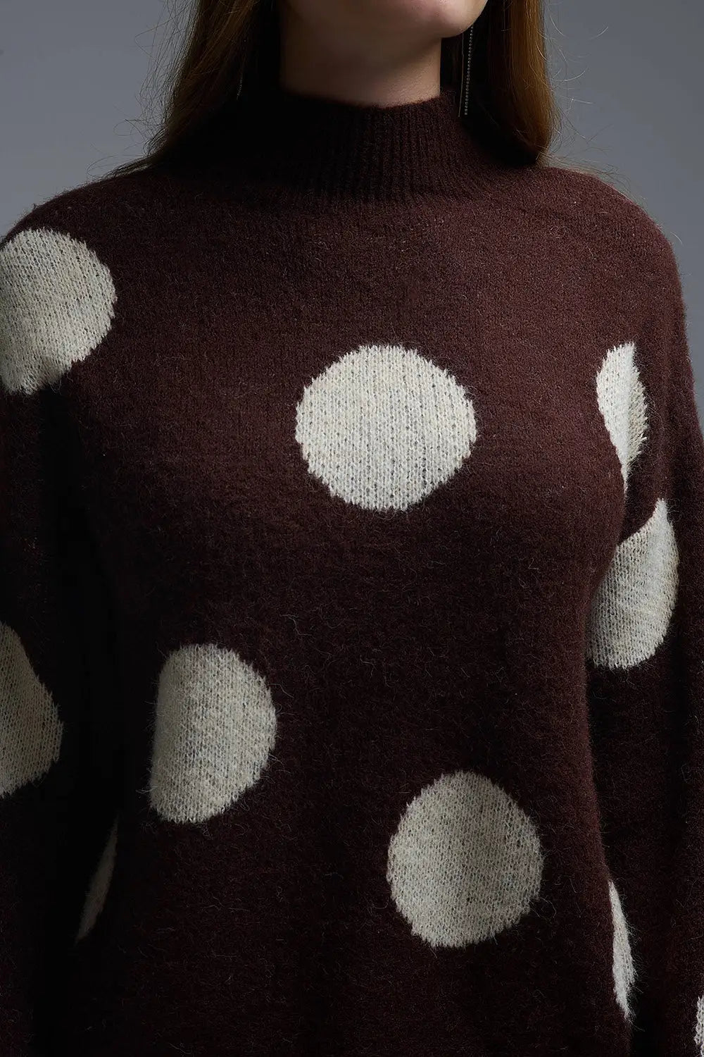 High-Neck Polka Dot Sweater With Bell Sleeves in Brown - One Size / Brown - Sweaters
