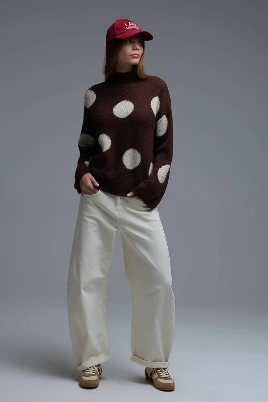 High-Neck Polka Dot Sweater With Bell Sleeves in Brown - One Size / Brown - Sweaters