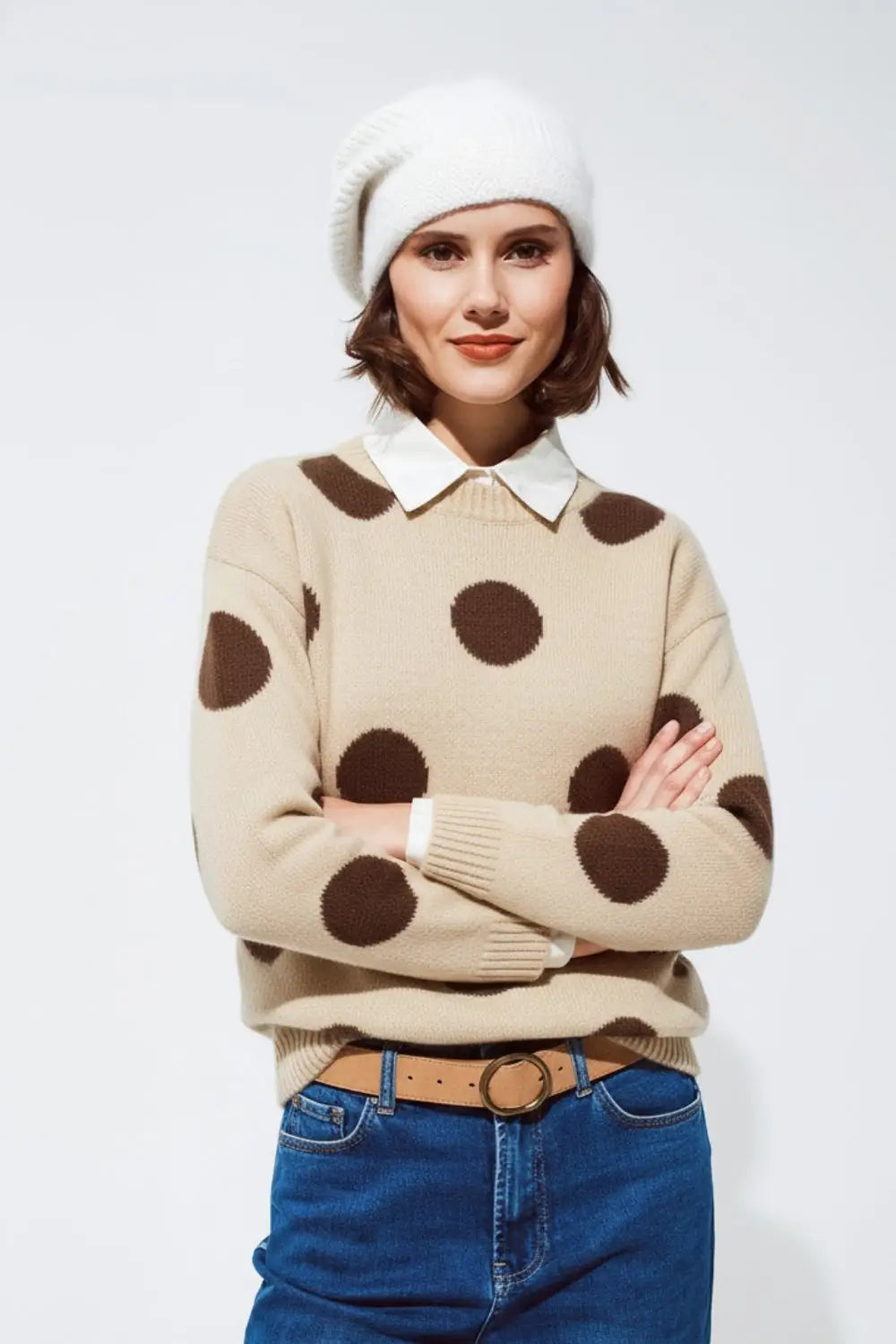 High-Neck Polka Dot Sweater With Bell Sleeves in Cream - One Size / White - Sweaters