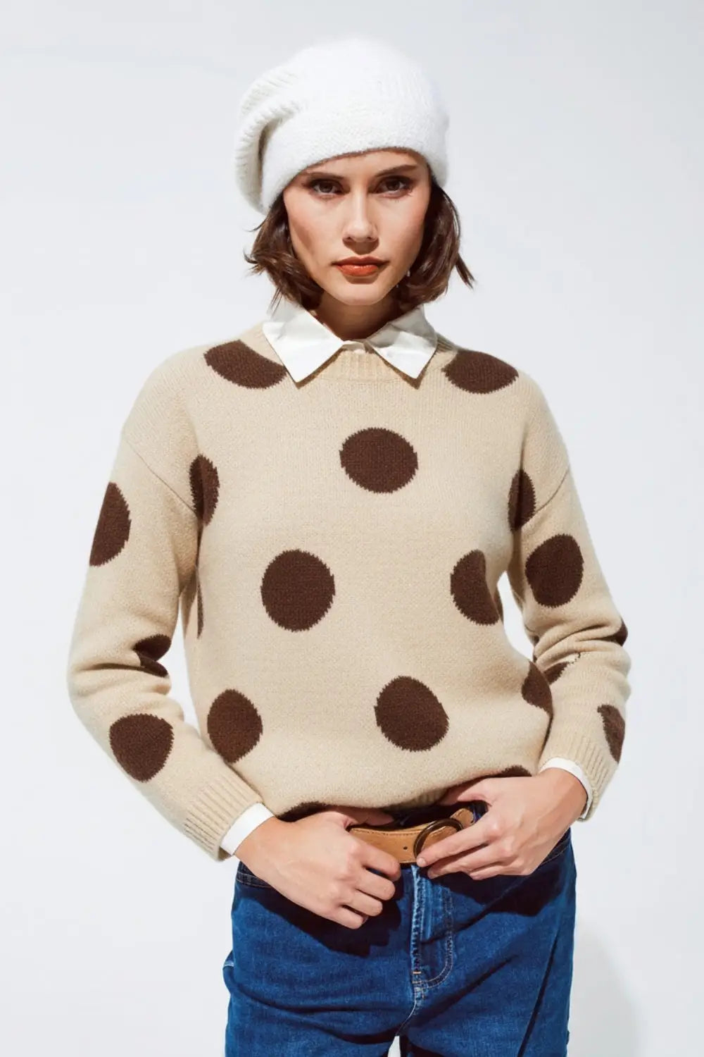 Q2 High-Neck Polka Dot Sweater With Bell Sleeves in Cream
