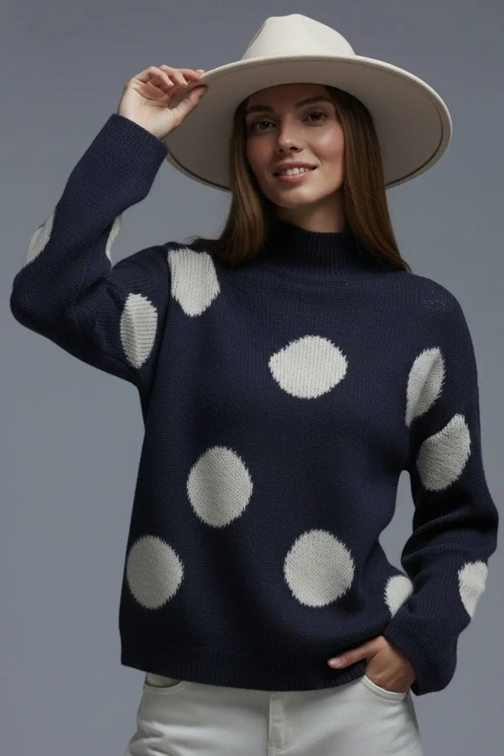 High-Neck Polka Dot Sweater With Bell Sleeves in navy - One Size / Blue - Sweaters