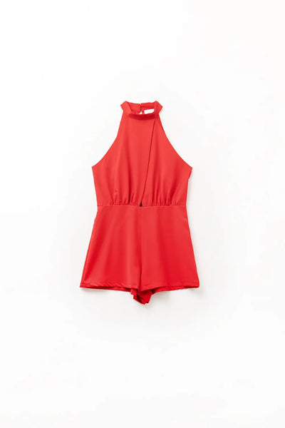 Q2 High Neck red romper with Front Pleat Detail