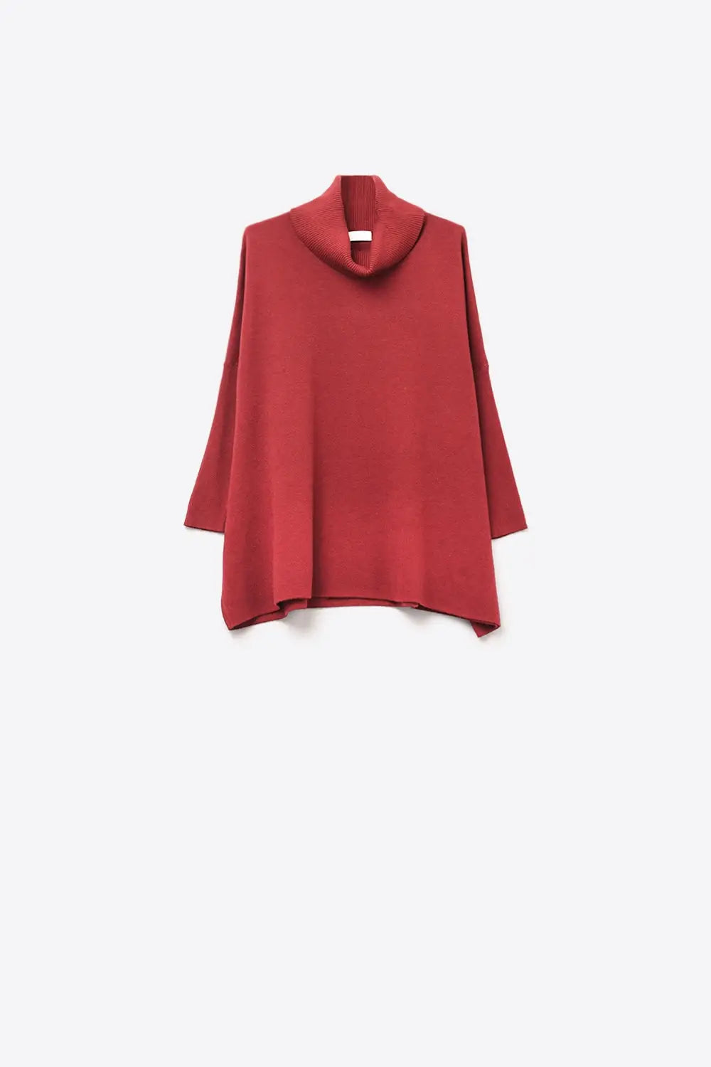 High Neck Tunic Sweater in Burgundy with fitted sleeves - One Size / Red - Sweaters