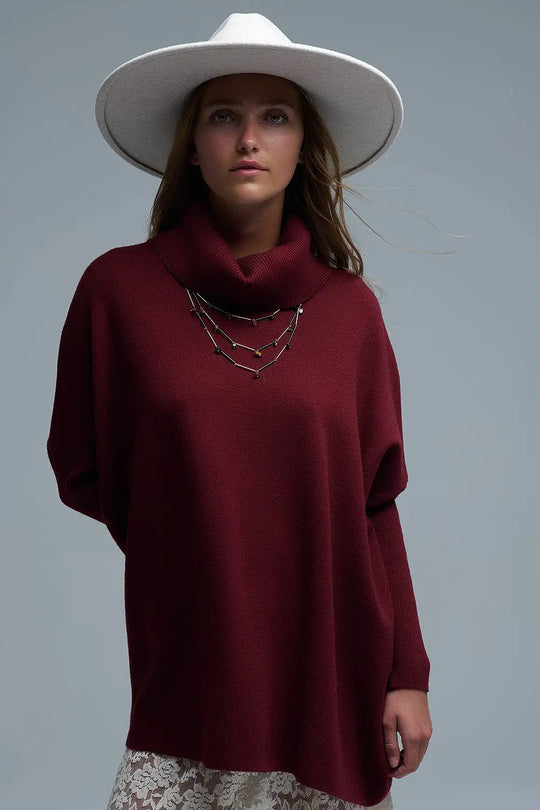 Q2 High Neck Tunic Sweater in Burgundy with fitted sleeves