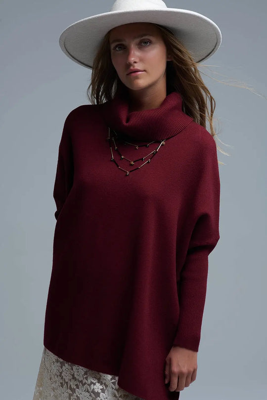 High Neck Tunic Sweater in Burgundy with fitted sleeves - One Size / Red - Sweaters