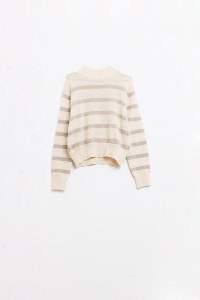 Q2 High Neck striped Sweater in Beige and Cream