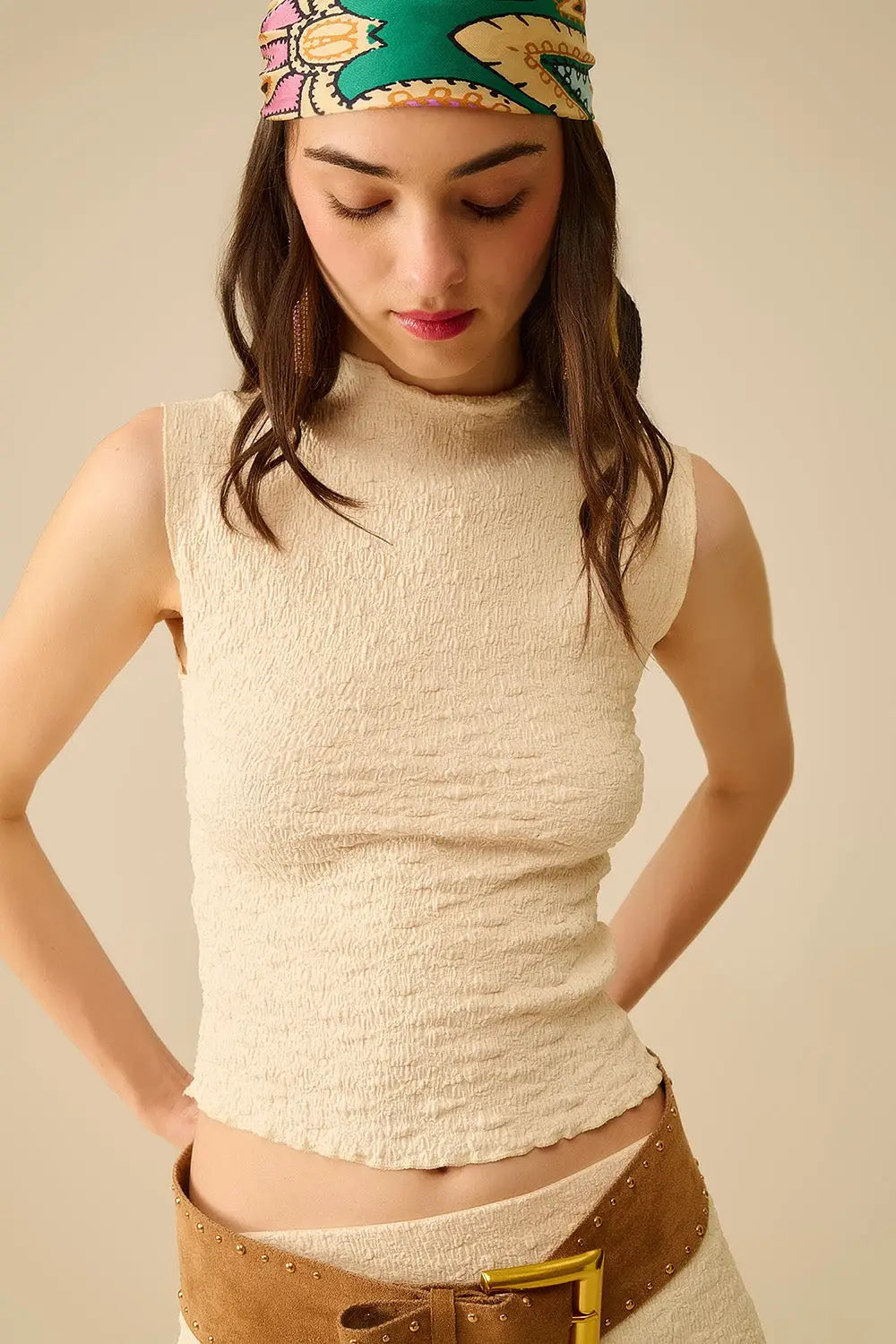 High Neck Textured Knit Sleeveless Top - Tops