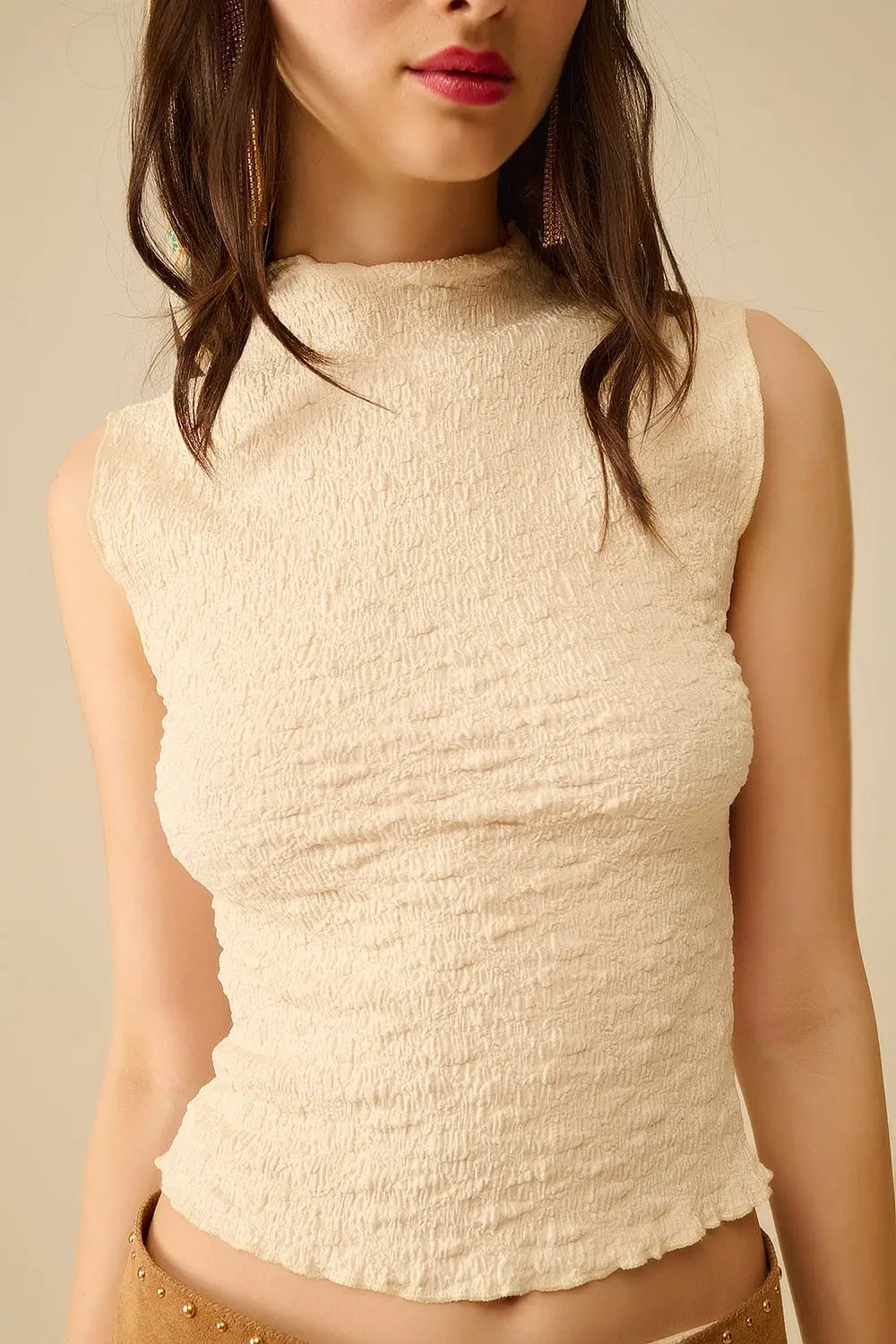 High Neck Textured Knit Sleeveless Top - Tops