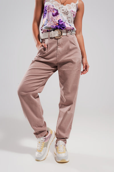 Q2 High rise jeans with pleat front in pink