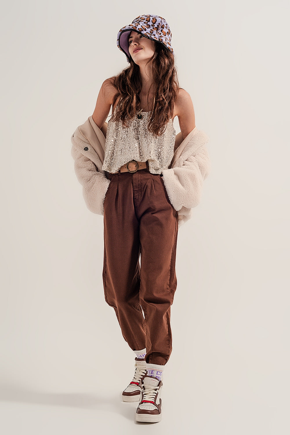 High rise mom jeans with pleat front in brown