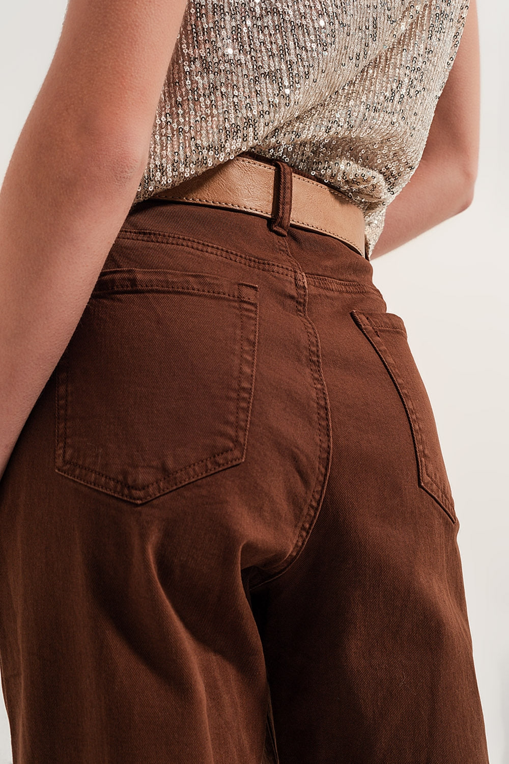 High rise mom jeans with pleat front in brown