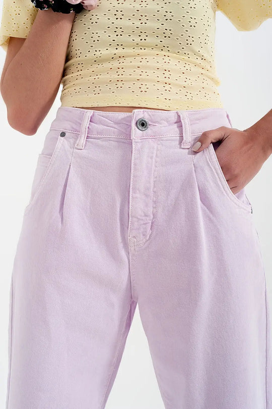 High rise mom jeans with pleat front in lilac - Jeans