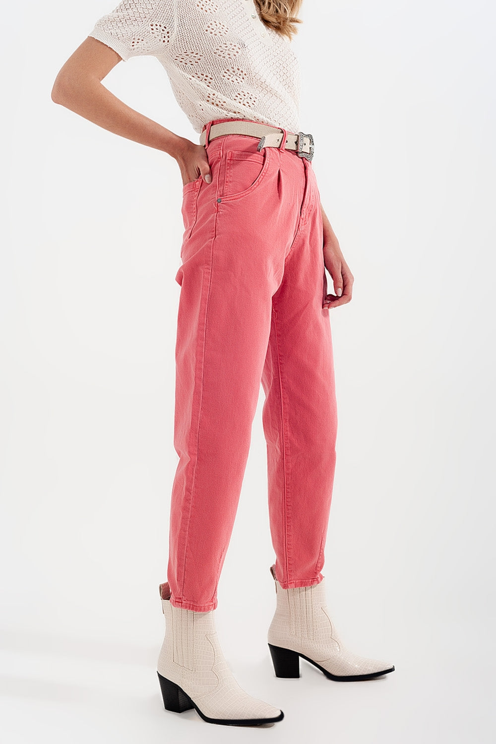 High rise mom jeans with pleat front in pink