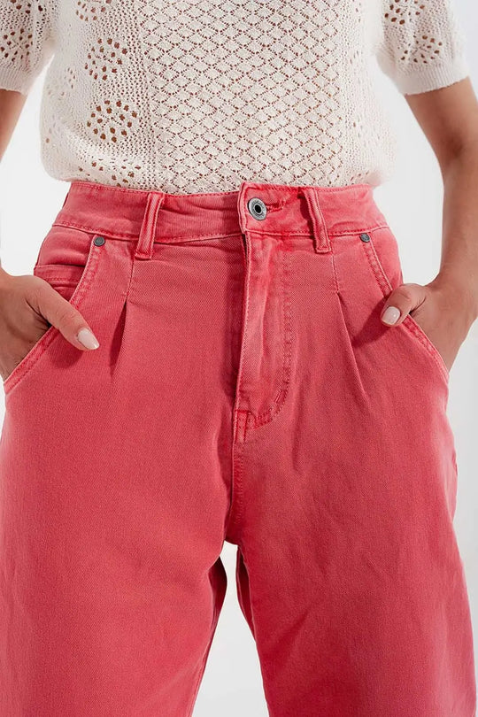 High rise mom jeans with pleat front in pink - Jeans