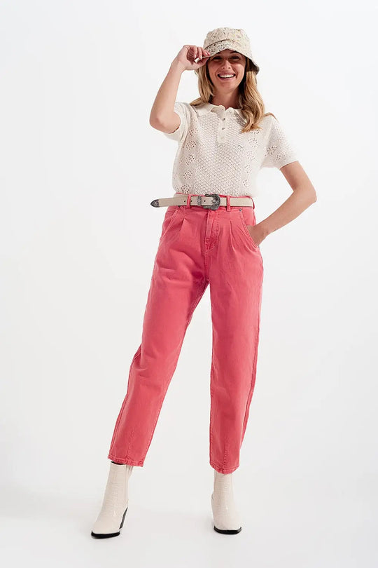 High rise mom jeans with pleat front in pink - Jeans
