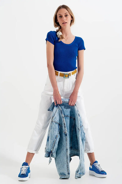 High rise mom jeans with pleat front in white - Jeans