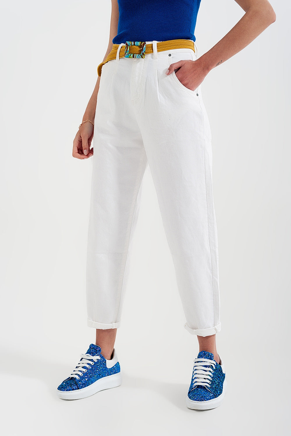 High rise mom jeans with pleat front in white