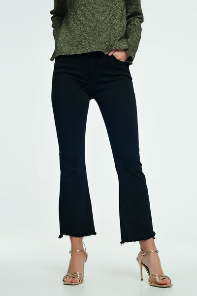 Q2 High rise raw hem flared jeans in black