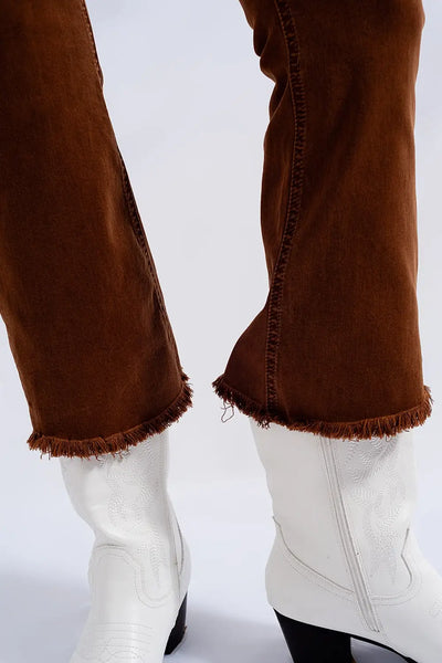 High rise raw hem flared jeans in brown - Jeans