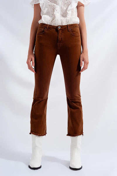 High rise raw hem flared jeans in brown - Jeans