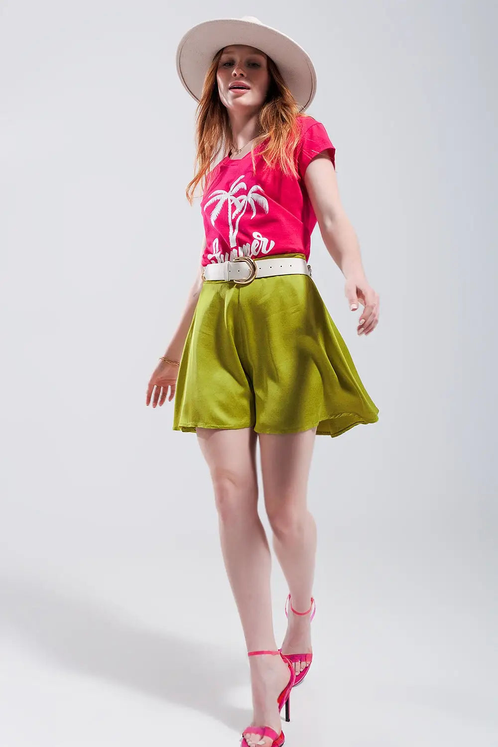 High rise satin shorts in lime green - One Size / Green - Pants