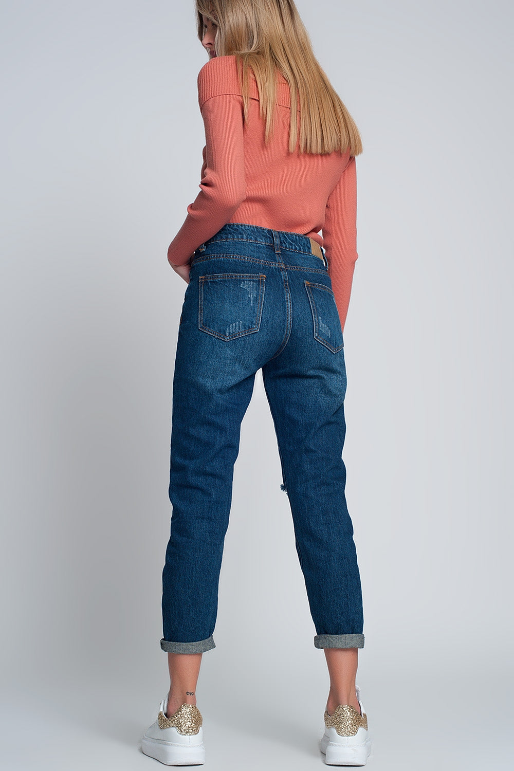 High rise slim mom jeans in blue wash with front rips