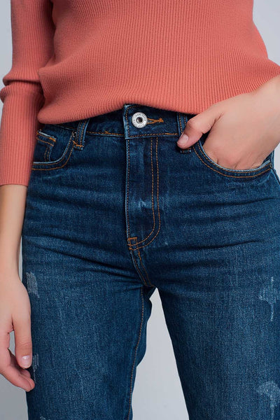 High rise slim mom jeans in blue wash with front rips