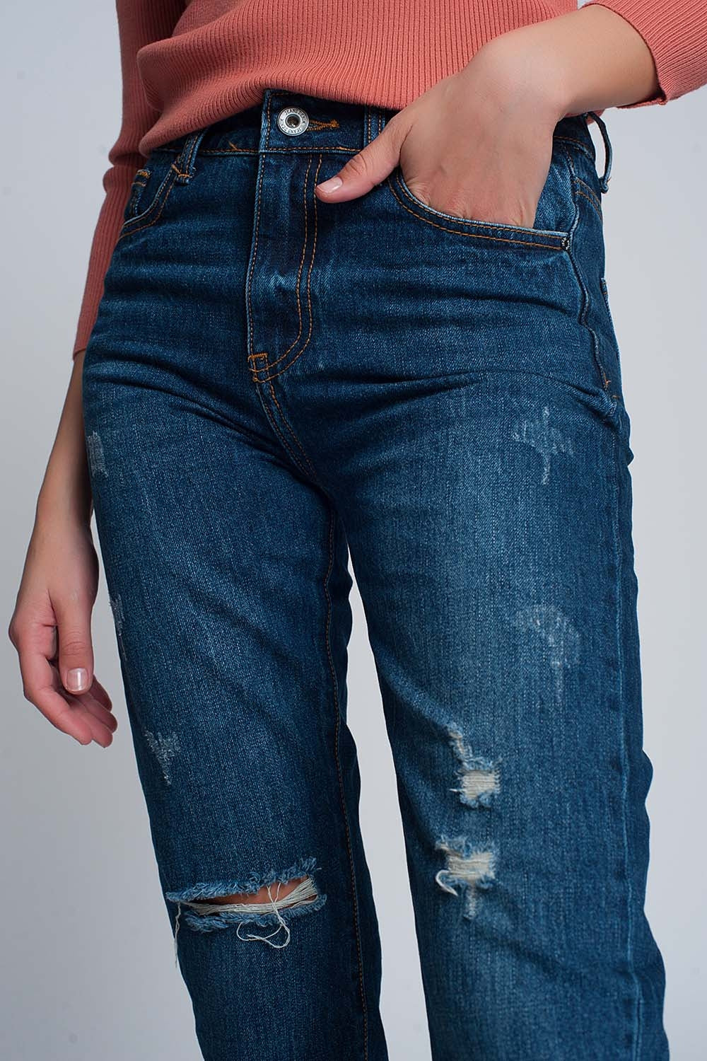 High rise slim mom jeans in blue wash with front rips