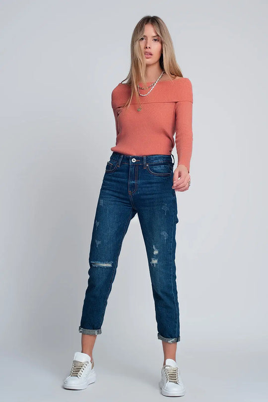 High rise slim mom jeans in blue wash with front rips - Jeans