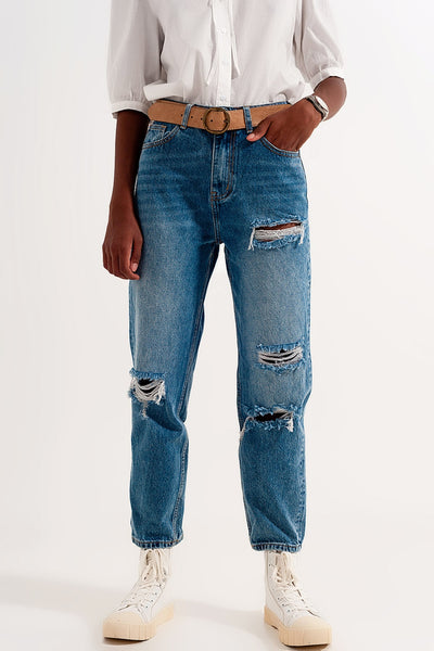 High rise slim mom jeans in midwash with rips