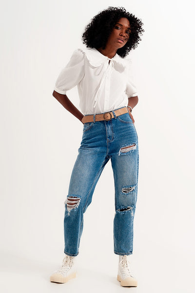 High rise slim mom jeans in midwash with rips