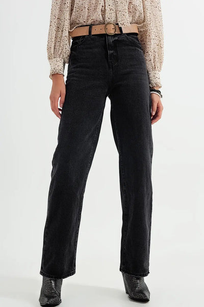 high rise straight jeans in washed black - Jeans