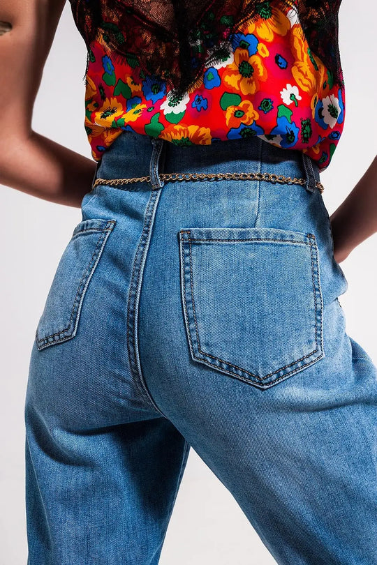 High rise straight leg belt detail jeans in light wash - Jeans