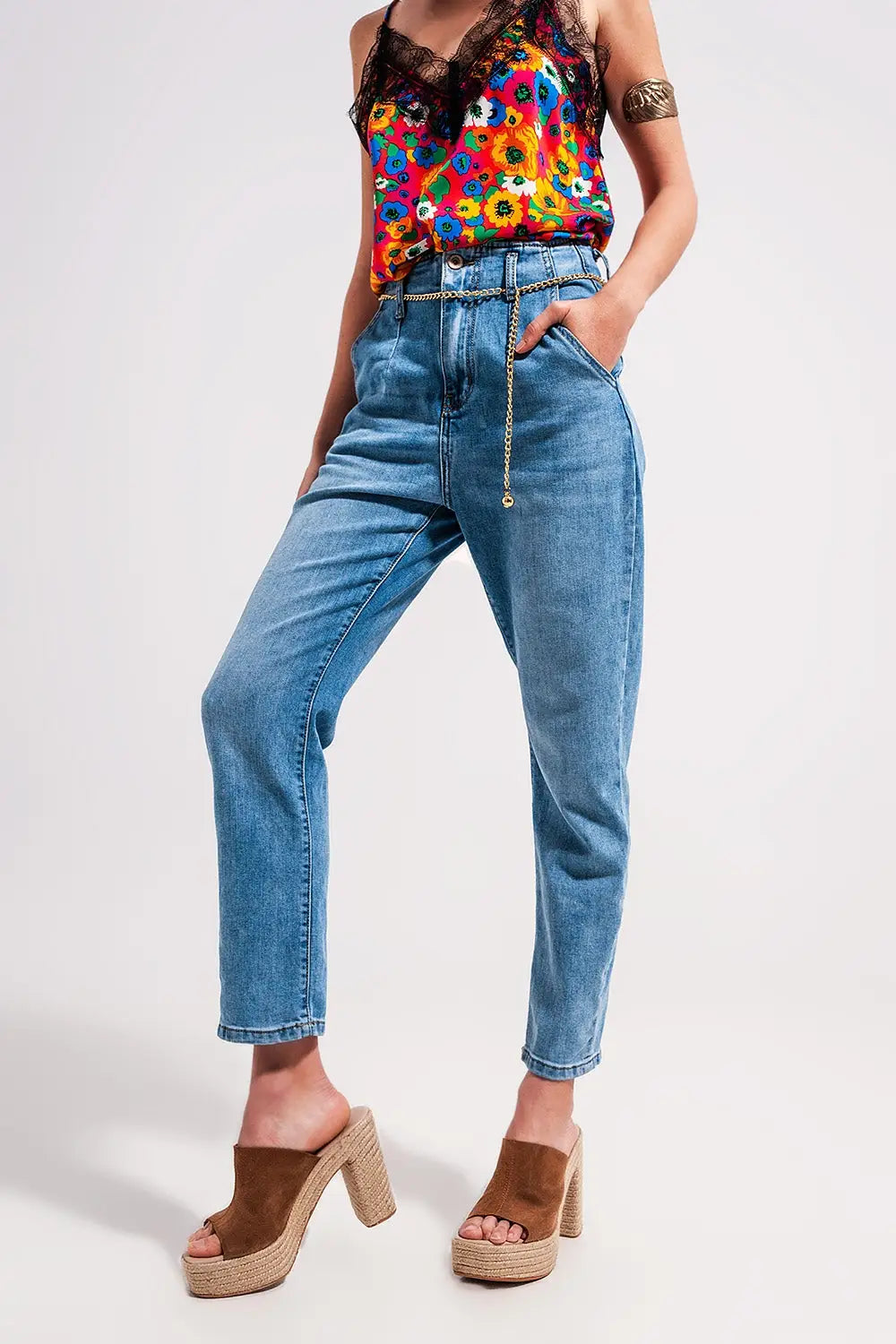High rise straight leg belt detail jeans in light wash - Jeans