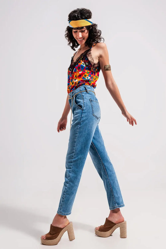 High rise straight leg belt detail jeans in light wash - Jeans