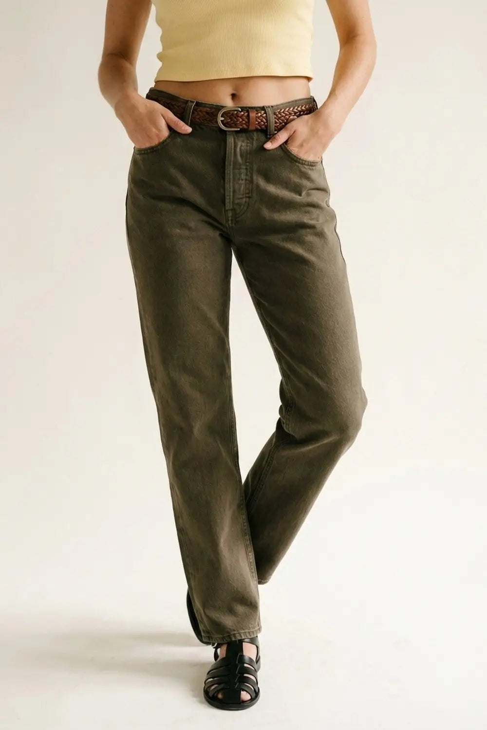 High-Rise Straight-Leg Denim Jeans in Khaki - Jeans