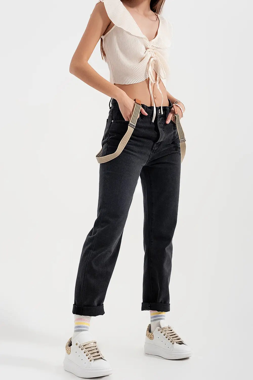 High rise straight leg jeans washed black - Jeans