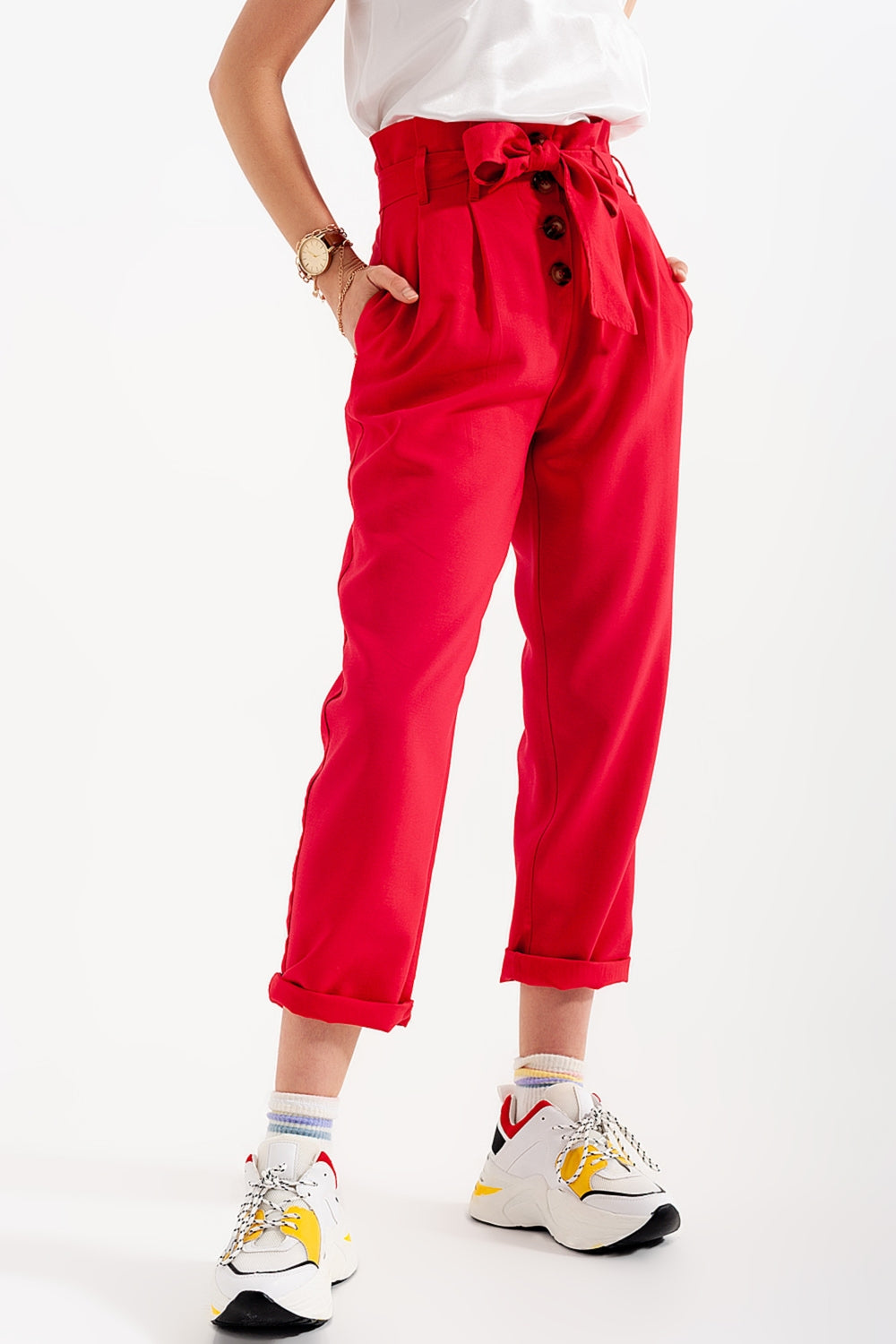 High waist belted paperbag trousers in red